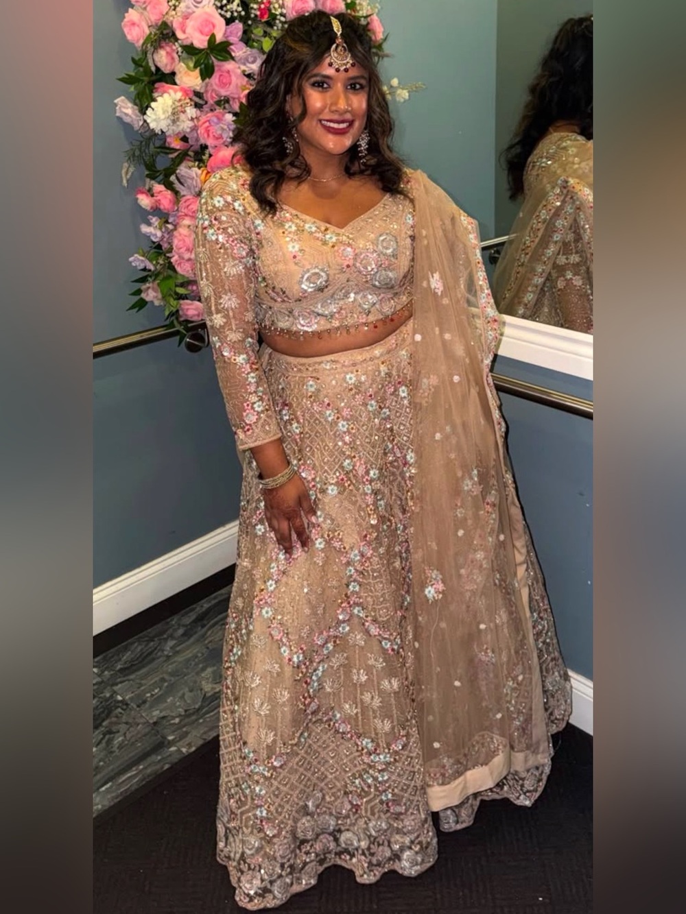 Embroidered Beige Floral Long-Sleeve Lehenga